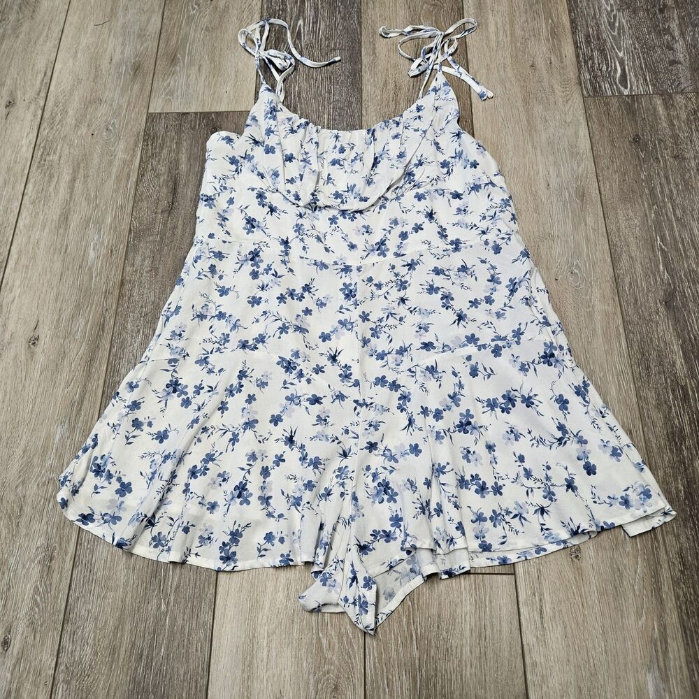 Bershka Micro Floral Playsuit Romper Spaghetti Strap White Blue Women’s XL